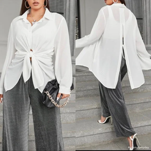 Boho Plus Size Slit Open back Button Shirt Top Blouse Black - Picture 6 of 10